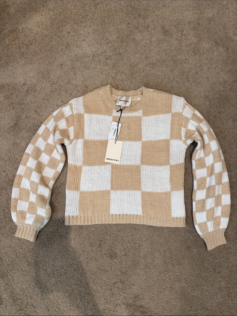 Cream & Tan Checkerboard Knit Sweater